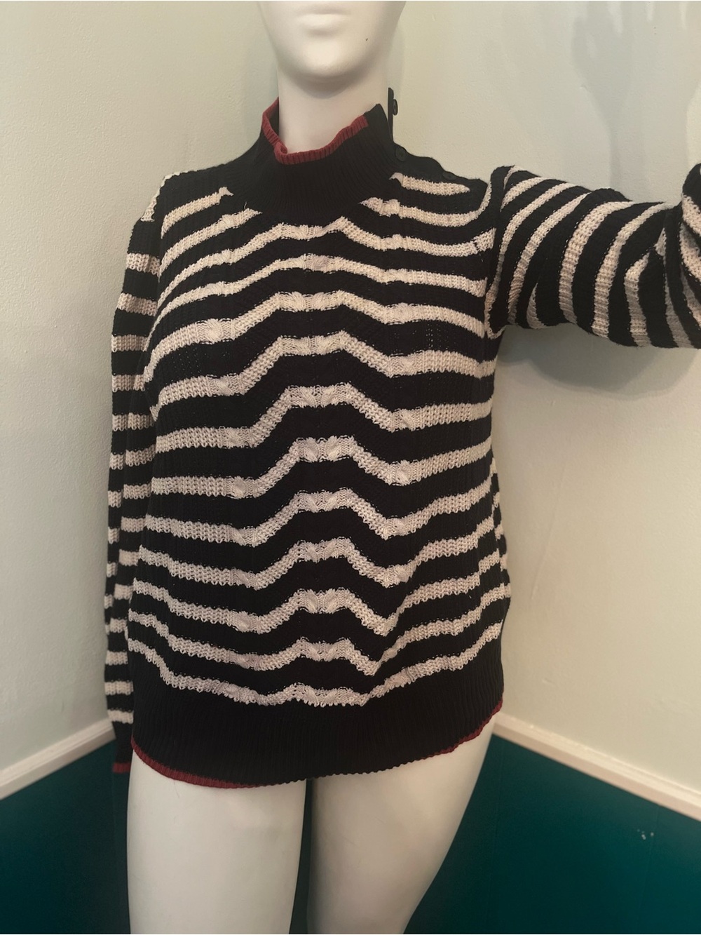 Deep Navy blue and White Striped Crewneck Sweater w/ red trim